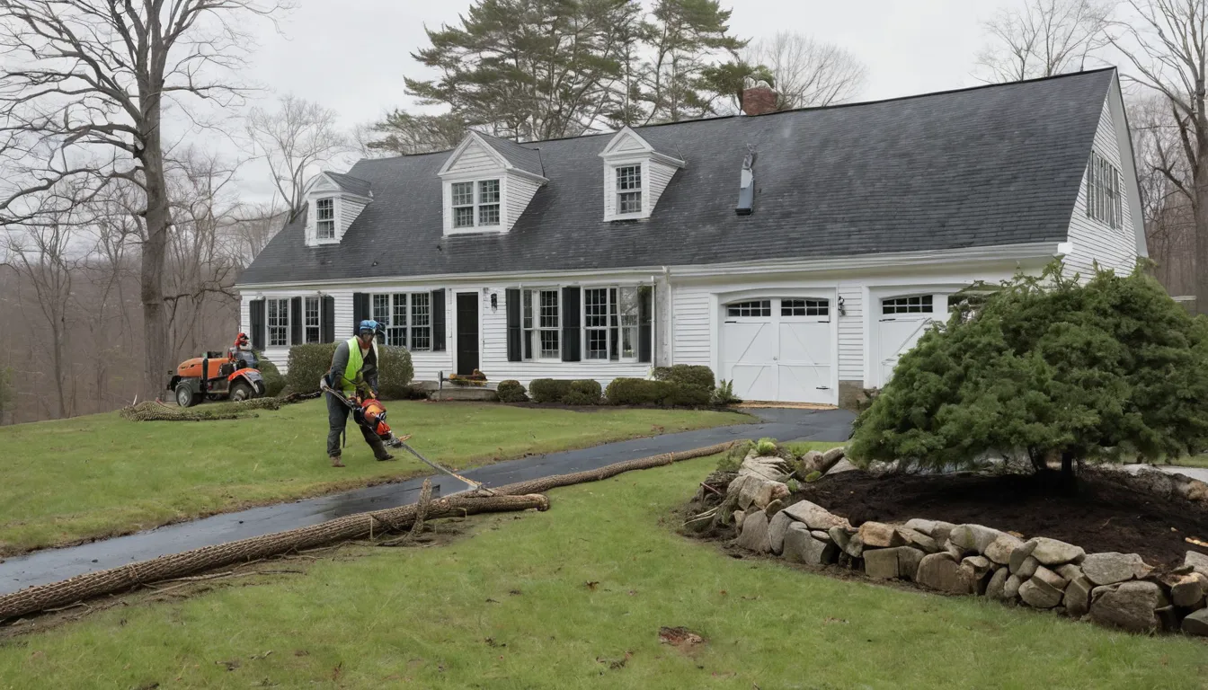 Tree provider cutting a fallen tree safely beside an older home in Albany