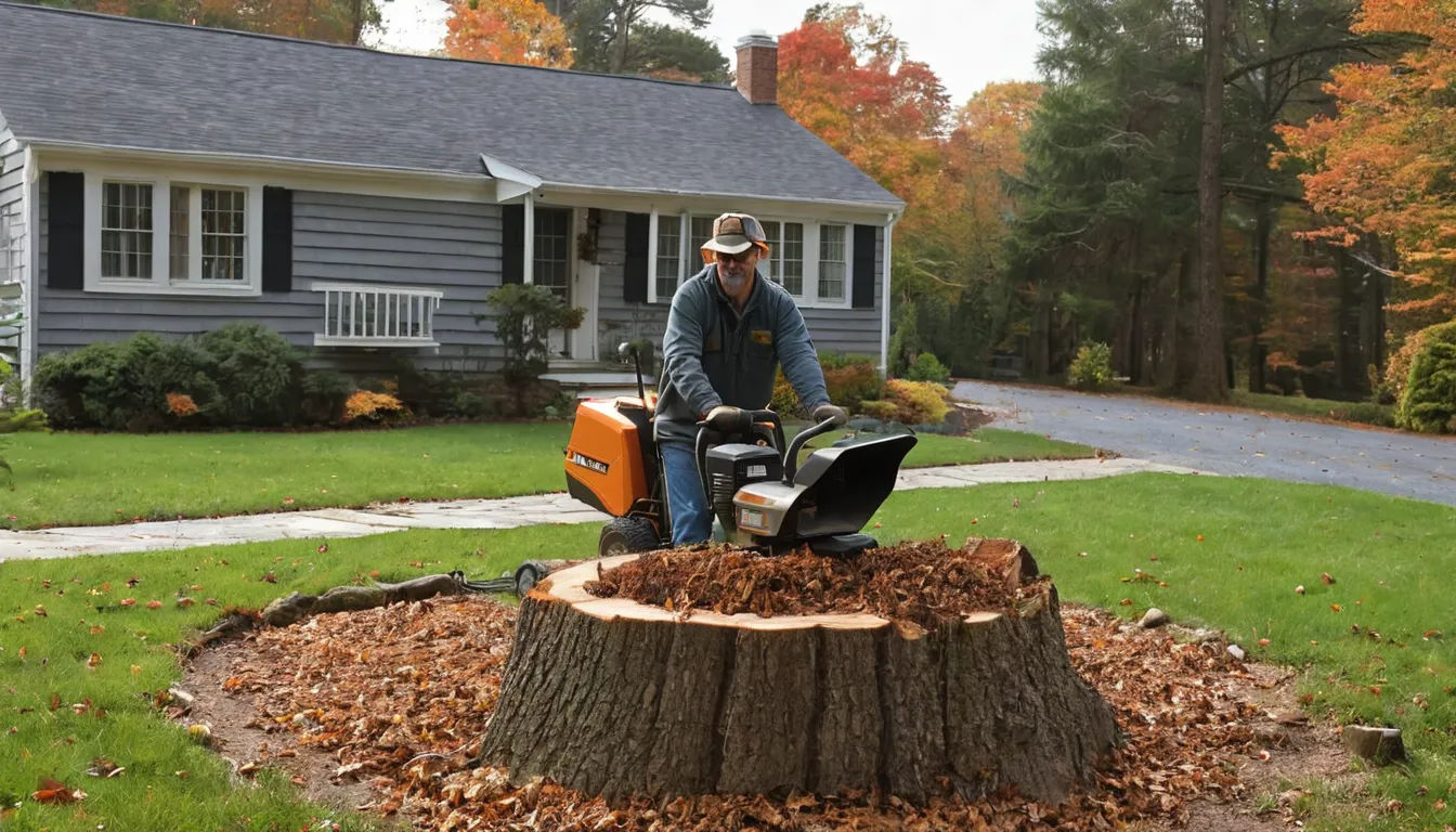 A local provider grinding a tree stump in a residential yard near Albany